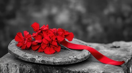 Aufkleber - A cluster of bright red flowers sits atop a weathered stone, great for nature or decorative uses