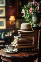 Poster - A stack of books placed next to a cup of coffee, perfect for a cozy reading session or a study break