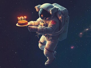 Aufkleber - An astronaut holds a cake with lit candles in space or on a space station, suitable for celebrations and achievements