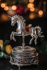 Poster - A silver figurine of a horse sitting on a table, great for decorative or artistic purposes