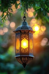 Poster - A lantern hangs from a tree branch as the sun shines in the background, creating a warm and cozy atmosphere