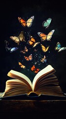Aufkleber - A creative scene with butterflies flying out of an open book, suggesting the power of imagination and learning