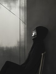 Aufkleber - A person sits in a chair with a mask covering their face, ready to be anonymous