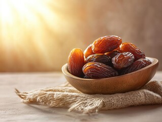 Poster - A wooden bowl filled with fresh dates placed on a table, perfect for snacking or serving as part of a meal