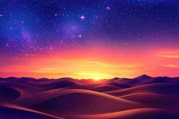 Poster - A warm sunset over the desert landscape with stars shining bright in the night sky, perfect for travel or adventure themed projects