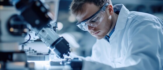 Poster - A scientist in a lab coat examines microorganisms under a microscope