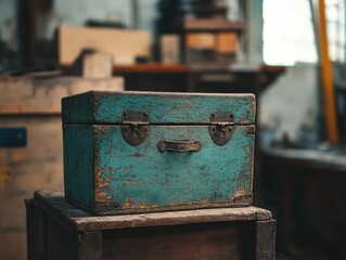 Poster - Vintage-style suitcase resting on wooden crate, great for travel or storage scenes