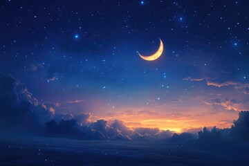 Poster - A beautiful night sky with a crescent moon and stars