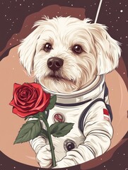 Aufkleber - A curious canine explores the cosmos while clutching a fragrant bloom