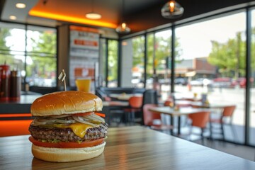 Poster - A juicy hamburger placed on a wooden table