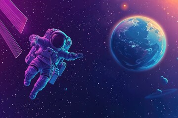 Aufkleber - Space exploration, astronaut in orbit, satellite in background