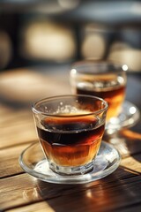 Aufkleber - Two cups of coffee placed on a wooden table, perfect for a morning or afternoon pick-me-up