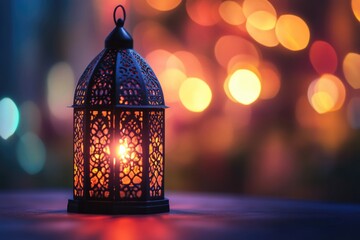 Poster - A lit candle sits on a table with soft lights in the background, great for romantic dinner or evening setting