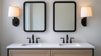 Poster - A modern bathroom featuring two sinks and two mirrors
