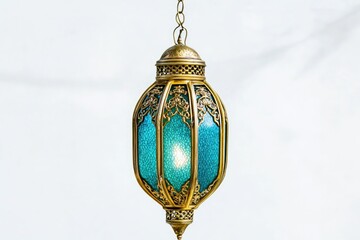 Poster - A blue and gold lantern hanging from a chain