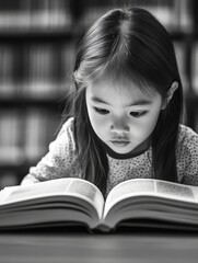 Aufkleber - A young girl sits at a table in a quiet library, focused on her book