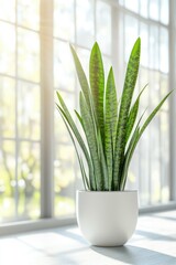 Poster - A small potted plant sits on a table in front of a window, perfect for indoor spaces or offices