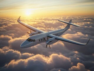 Poster - A small plane soaring through the sky amidst fluffy white clouds, great for travel or aviation themes