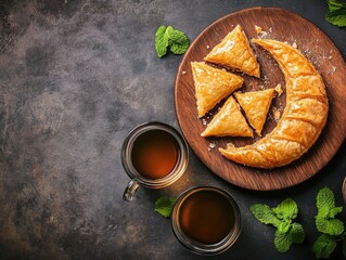 Poster - A traditional setting featuring a wooden plate topped with sweet treats and served with cups of tea