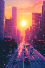 Poster - Urban landscape captured during golden hour with city lights and buildings visible in the distance, perfect for use as a background or to represent a metropolitan area