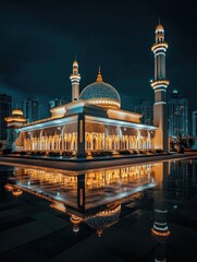 Aufkleber - A mosque illuminated at night with its reflection in the surrounding water, providing a peaceful and serene atmosphere
