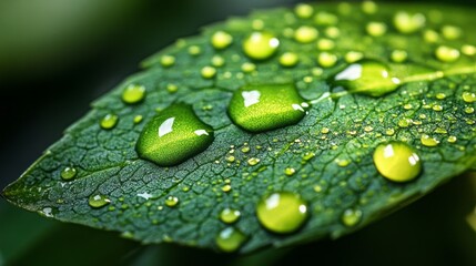 Poster - Morning light dances on a lush green tulip leaf adorned with sparkling water droplets, showcasing nature's delicate beauty after a soothing rain shower in a tranquil garden