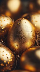 Poster - A close-up shot of a golden egg surrounded by twigs and leaves in a natural nest