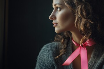 Poster - A woman standing by the window, looking outside with a pink tie on