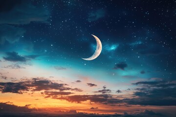 Poster - A bright full moon illuminates a dark blue night sky, with stars visible