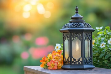 Poster - A decorative lantern filled with fresh flowers sits on a wooden table, ideal for home decor or special occasions
