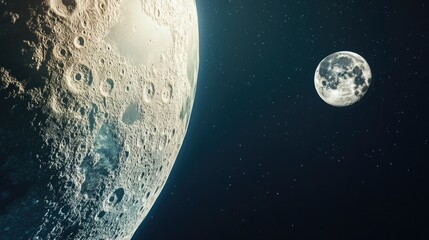 Poster - A view of the Earth and Moon from space, showing the curvature of the planet and the lunar surface