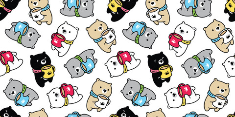 Wall Mural - bear seamless pattern polar bear coffee cup scarf vector teddy doll cartoon doodle gift wrapping pap