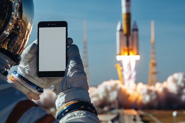 Poster - An astronaut takes a photo of a rocket, providing an educational or commercial opportunity for science and technology