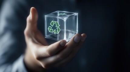 Aufkleber - Hand Holding Transparent Cube with Green CO2 Reduction Symbol