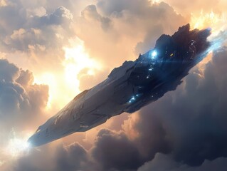 Poster - A spaceship flies through a cloudy sky with contrails visible