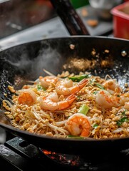 Poster - Fresh shrimp and colorful vegetables sizzling on a stove, perfect for a quick meal or dinner party