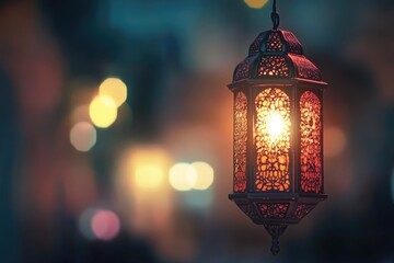 Poster - A lantern suspended from a string against a dark background, perfect for adding ambiance to any scene