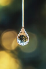 Poster - A single water droplet hangs from a thin string, awaiting its fate