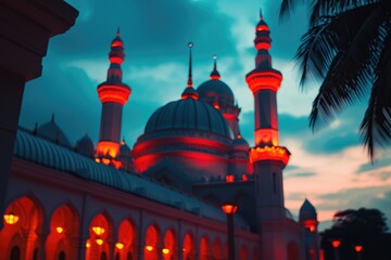 Poster - A mosque exterior illuminated by red lights at nighttime