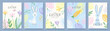 © Liliya - Set of festive Easter cards with funny hand drawn bunny, eggs, chick, carrot and flowers in pastel colors of pink, yellow, blue and purple. Colorful spring vector illustration with textured elements