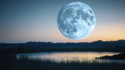 Poster - A serene scene with the full moon rising above a peaceful body of water, suitable for use in landscape or nature-inspired designs