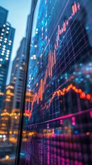 Poster - A stunning hologram displays a financial graph against a backdrop of towering skyscrapers. The colorful data fluctuates, reflecting a bustling urban environment during twilight hours