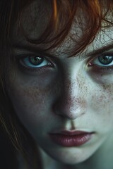 Poster - Close-up of a woman's face with visible freckles, suitable for beauty or lifestyle uses