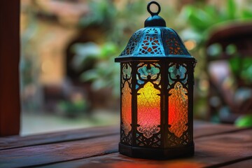Aufkleber - A colorful lantern sits on top of a wooden table, perfect for decoration or photography