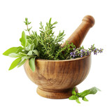 Aromatic Herbs and Spices in Wooden Mortar and Pestle Culinary and Herbal Ingredients