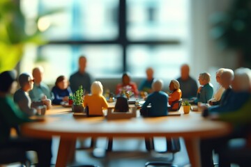 Poster - People gathered around a wooden table for a meeting or gathering, possibly in a rustic setting
