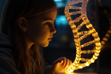 Aufkleber - A close-up view of a young girl observing a 3D model of DNA, perfect for science-related content and educational materials