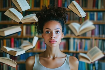 Poster - A woman sits amidst stacks of books in a quiet library setting, with potential for use as a study or reading theme