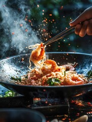 Poster - A wok filled with noodles and shrimp being stirred with a pair of tongs