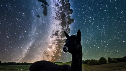 A black llama is standing in a field of grass under a starry sky. The scene is peaceful and serene, with the llama looking up at the stars